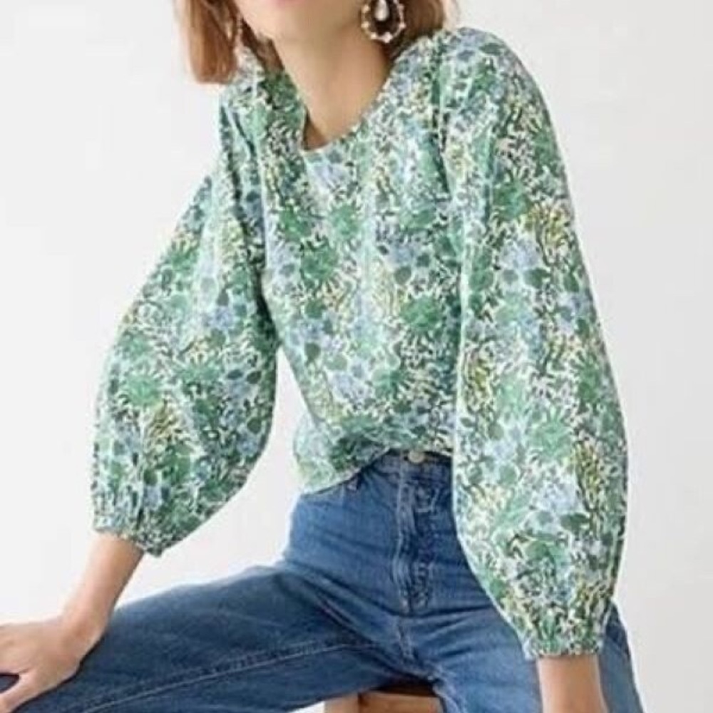 J. Crew Organic Cotton Tie Back Stretch Top Balloon Long Sleeves Size 0 XS Green
